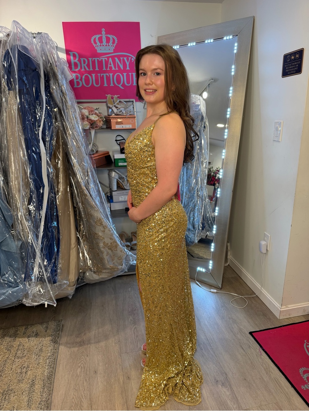 Primavera Couture Gold Sequin V-Neck Gown with Thigh Slit